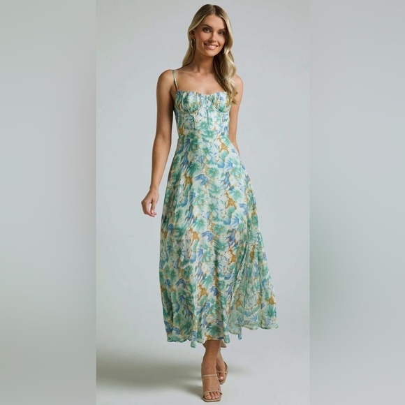 saints and secrets Dresses & Skirts - Saints & Secrets MIDI DRESS - CUP BUST SLEEVELESS SLIT IN GREEN FLORAL Sz M